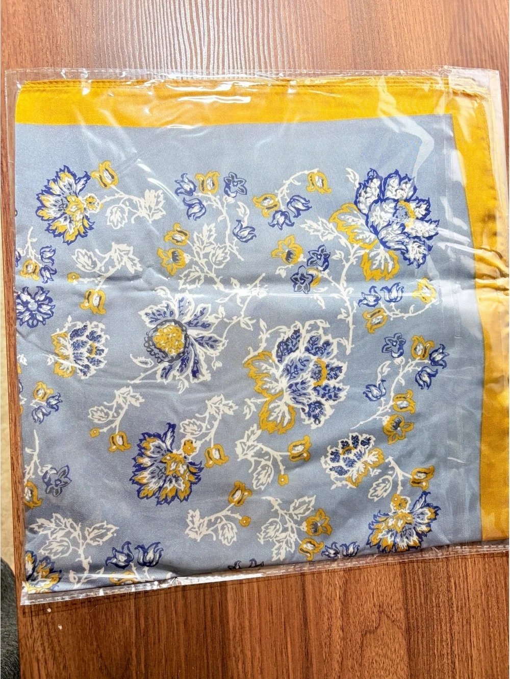 Elegant Blue and Yellow Floral Scarf with Gold Border